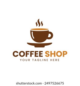 Minimalist Brown and Orange Coffee Cup Logo with Saucer on White Background