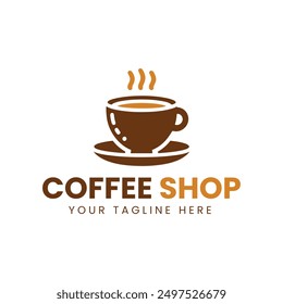 Minimalist Brown and Orange Coffee Cup Logo with Saucer on White Background