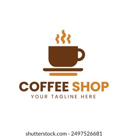 Minimalist Brown and Orange Coffee Cup Logo with Saucer on White Background