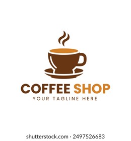 Minimalist Brown and Orange Coffee Cup Logo with Saucer on White Background