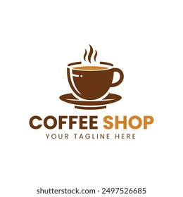 Minimalist Brown and Orange Coffee Cup Logo with Saucer on White Background