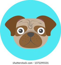 Minimalist brown pug dog on sky blue circle background. Ideal for medals or icons.