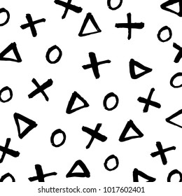 Minimalist brush painted cross, triangles and circles black and white background.