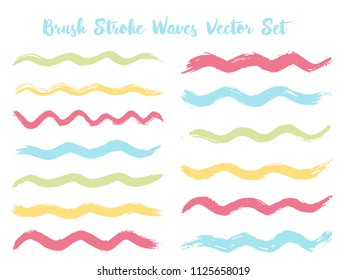 Minimalist brush stroke waves vector set. Hand drawn blue green brushstrokes, ink splashes, watercolor splats, hand painted curls. Vector ink color palette samples. Wavy stripes vector set.