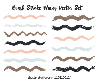 Minimalist brush stroke waves vector set. Hand drawn pink black brushstrokes, ink splashes, watercolor splats, hand painted curls. Interior colors guide book swatches. Summer design paint brush curves