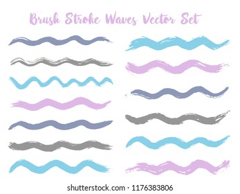 Minimalist brush stroke waves vector set. Hand drawn blue violet brushstrokes, ink splashes, watercolor splats, painted curls. Color combinations catalog elements. Summer design paint brush curves.