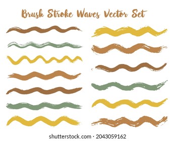 Minimalist brush stroke waves vector set. Hand drawn brown brushstrokes, ink splashes, watercolor splats, hand painted curls. Vector ink color palette samples. Textured waves, stripes design.