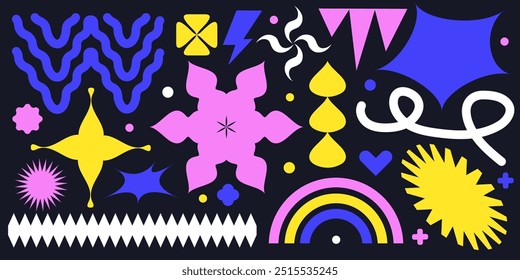 Minimalist brutalist design elements set. y2k futuristic shapes, figures and stars. Collection of neomodern geometric shapes. Isolated vector illustration.