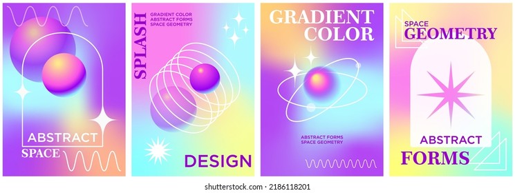 Minimalist brutalist style posters, covers with abstract geometric elements and gradient background. Modern Y2K korean Pastel banner with simple shapes and abstract graphic elements, vector set