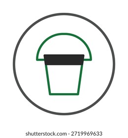 Um gráfico de balde minimalista apresenta um contorno limpo e verde complementado por uma banda preta sólida na parte superior, tudo envolvido dentro de um quadro circular. Esse ícone de vetor representa simplicidade e