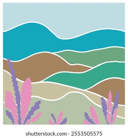 Minimalist bucolic landscape with pastel colors.