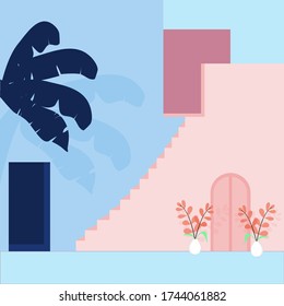Minimalist building architecture flat design vector in blue and pink tone concept.