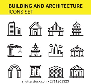 Minimalista Construção e Arquitetura Vetor Ícones - Contorno Estilo Cidade, Estrutura, Conjunto de Construção