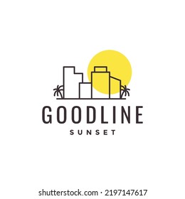 minimalistisches Gebäude mit Kokospalmen und Sonnenuntergang-Logo