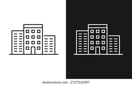 Ícone de edifício complexo minimalista com três estruturas conectadas com torre central e janelas de grade em contraste preto e branco dividido, arte de linha limpa para arquitetura, planejamento urbano.
