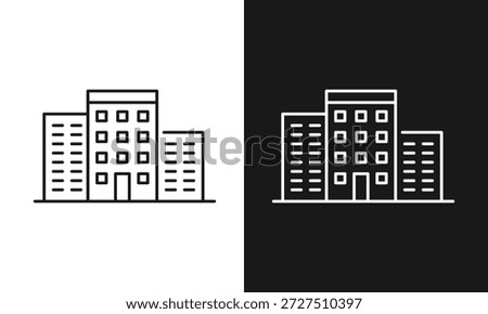 Minimalist Building Complex Icon Featuring Three Connected Structures with Central Tower and Grid Windows in Split Black and White Contrast, Clean Line Art for Architecture, Urban Planning.