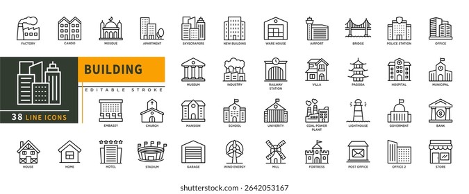 Minimalist Building line icons set with editable stroke, featuring factory, mosque, apartment, stadium, skyscrapers, museum, school, university, church, mill, wind, pagoda, thin linear illustration.