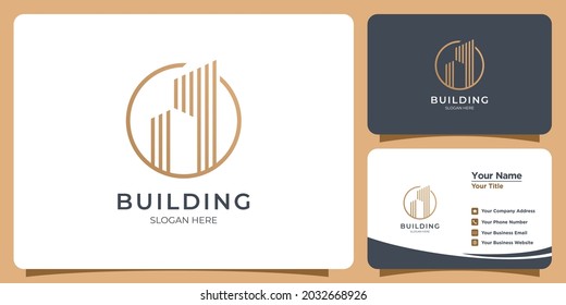 Minimalist building logo with line art style logo design and business card template