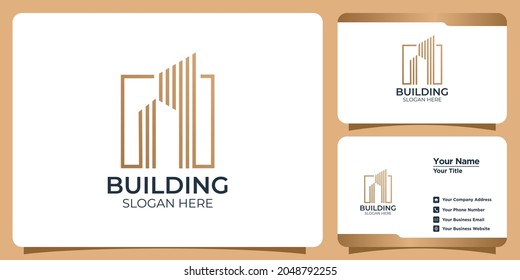 Minimalist building Logo set with line art style logo design and business card template