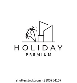 minimalist building with palm or coconut trees logo design vector