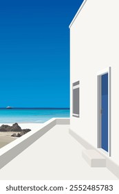 Minimalist building at seaside in sunny day have blue sky vertical background graphic illustration.