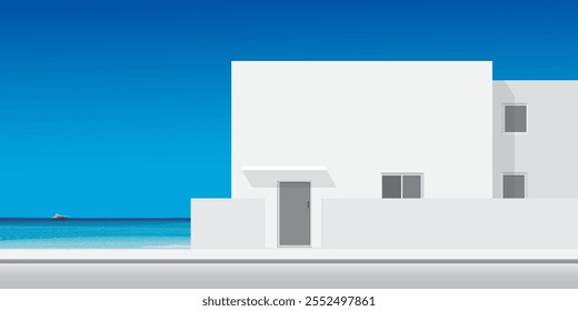 Minimalist building at seaside in sunny day have blue sky background graphic illustration.