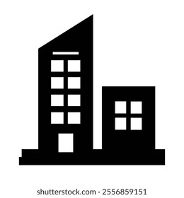 Minimalist building silhouette, urban skyline, geometric shapes, office tower, apartment block, cityscape symbol, simple graphic design.