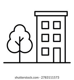Minimalist building and tree outline icon with building architecture neighborhood structure apartment landscape