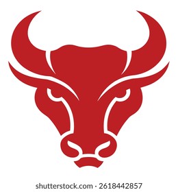 Minimalist bull head logo featuring a bold red color with strong, sharp lines and aggressive horns. Ideal for sports teams, business branding, strength-based brands, fitness logos, energy companies, a