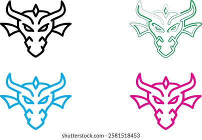 Minimalist bull head logos, stylized line art, four color variations, simplified geometric animal designs, vector graphics, brand identity concept, black white blue pink color scheme, modern tribal ae