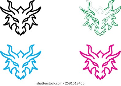 Minimalist bull head logos, stylized line art, four color variations, simplified geometric animal designs, vector graphics, brand identity concept, black white blue pink color scheme, modern tribal ae