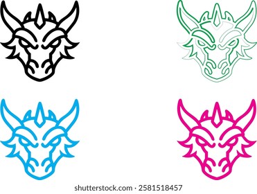 Minimalist bull head logos, stylized line art, four color variations, simplified geometric animal designs, vector graphics, brand identity concept, black white blue pink color scheme, modern tribal ae