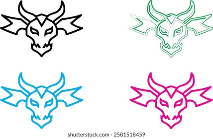 Minimalist bull head logos, stylized line art, four color variations, simplified geometric animal designs, vector graphics, brand identity concept, black white blue pink color scheme, modern tribal ae