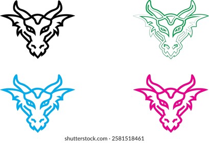 Minimalist bull head logos, stylized line art, four color variations, simplified geometric animal designs, vector graphics, brand identity concept, black white blue pink color scheme, modern tribal ae