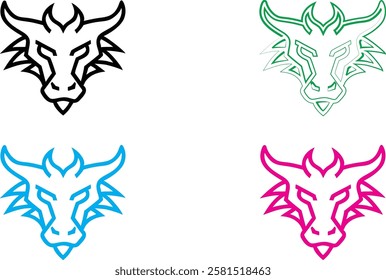 Minimalist bull head logos, stylized line art, four color variations, simplified geometric animal designs, vector graphics, brand identity concept, black white blue pink color scheme, modern tribal ae