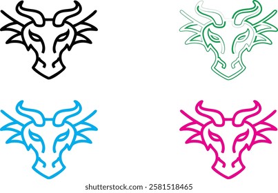 Minimalist bull head logos, stylized line art, four color variations, simplified geometric animal designs, vector graphics, brand identity concept, black white blue pink color scheme, modern tribal ae