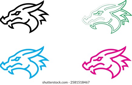 Minimalist bull head logos, stylized line art, four color variations, simplified geometric animal designs, vector graphics, brand identity concept, black white blue pink color scheme, modern tribal ae