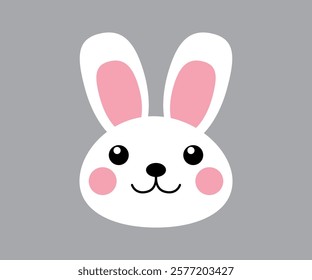 Minimalist bunny face kawaii illustration. Rabbit smiling head character, animal avatar icon, sticker on a gray background.