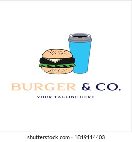Minimalist Burger Hamburger with Cup of Coffee for Coffee Shop Logo Design