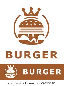 Minimalist burger logo design featuring a crown above a burger illustration with a modern touch
