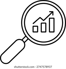 minimalist business analysis vector icon, black line art magnifying glass with rising bar chart for financial growth and market research