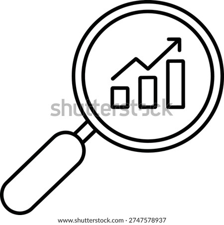 minimalist business analysis vector icon, black line art magnifying glass with rising bar chart for financial growth and market research