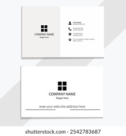 Minimalist business card design with black icon and company name. One side includes contact details, while the other side highlights logo and slogan.