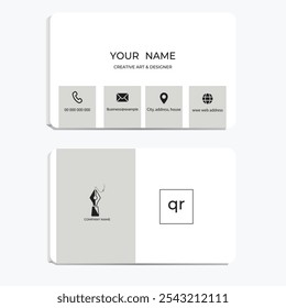 Minimalist business card design for a creative designer, featuring contact icons, logo, and QR code on a clean, modern layout with soft gray accents.