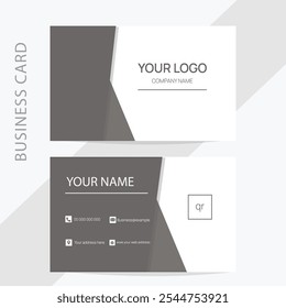 Minimalist business card template with gray and white tones, featuring a clean clean layout with a logo, contact details, and subtle geometric accents.