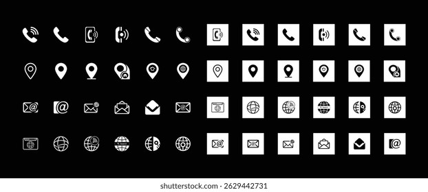 Minimalist Business Contact Icons Set Phone, Location, Email, Web Symbols in Black and White