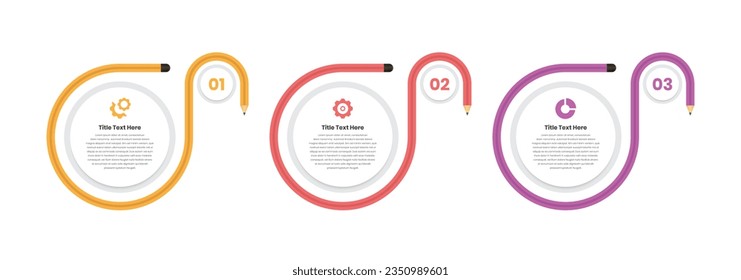 Diseño de plantillas infográficas de paso de presentación de datos empresariales minimalistas con forma de lápiz curvo y elipse