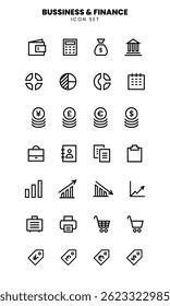 Minimalist business and finance icon set in bold line style. Perfect for apps, presentations, infographics, and web design projects.
