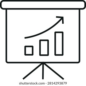 Minimalist business presentation outline vector illustration featuring a clean and modern line art design. This presentation board with an upward growth chart icon is ideal for business reports, analytics, financial growth, marketing strategies, startup presentations, project management, websites, mobile applications, dashboards, and user interface designs. Isolated on a white background with scalable vector quality and editable strokes.