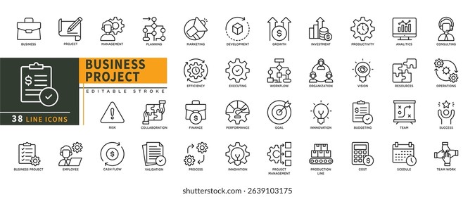 Minimalist Business project line icons set with editable stroke, featuring management, planning, risk, marketing, depelopment, growth, goal, production line, cost, analytics. thin linear illustration.